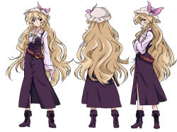 Rule 34 | 1girl, ankle boots, belt, blonde hair, boots, bow, brown eyes, buttons, character sheet, closed mouth, collarbone, cross-laced footwear, crossed arms, dress, dress shirt, expressionless, eyebrows, female focus, from behind, from side, full body, hair between eyes, hat, hat bow, high heel boots, high heels, karaori, lace-up boots, long hair, long sleeves, looking at viewer, mob cap, multiple views, neko (yanshoujie), open mouth, profile, purple bow, purple footwear, shirt, simple background, sleeveless, standing, the sealed esoteric history, touhou, turnaround, very long hair, watatsuki no toyohime, white background, white hat, white shirt