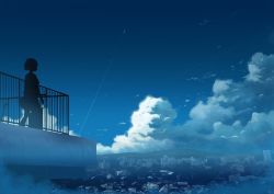 Rule 34 | 1girl, absurdres, blue sky, building, city, cityscape, cloud, commentary request, contrail, cumulonimbus cloud, day, hati 98, highres, house, mixed-language commentary, mountain, original, outdoors, rooftop, scenery, silhouette, sky, solo, standing, tokyo (city)