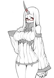 Rule 34 | 10s, 1girl, abyssal ship, bespectacled, breasts, claws, detached sleeves, dress, glasses, horns, kantai collection, kugi ta hori taira, large breasts, long hair, looking at viewer, red-framed eyewear, red eyes, ribbed dress, seaport princess, semi-rimless eyewear, short dress, sideboob, simple background, single horn, solo, very long hair, white background