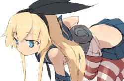 Rule 34 | 1girl, alchera, all fours, black neckerchief, blonde hair, blue sailor collar, blue skirt, crop top, grey eyes, kantai collection, long hair, microskirt, miniskirt, neckerchief, pleated skirt, sailor collar, shimakaze (kancolle), simple background, skirt, solo, striped clothes, striped thighhighs, thighhighs, white background