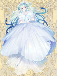 Rule 34 | 1boy, air bubble, blue eyes, blue gemstone, blue hair, blue nails, bridal veil, bubble, coral, crossdressing, dairoku ryouhei, double-parted bangs, dress, feather hair, fins, full body, gem, glass slipper, gown, halter dress, halterneck, head fins, horns, jewelry, lilu luli, long hair, looking at object, male focus, merman, monster boy, nail polish, necklace, object floating above hand, off-shoulder dress, off shoulder, open hand, shizuya (szy tw), shoes, short sleeves, smile, solo, trap, unworn shoes, veil, wedding dress, white dress, white veil, wrist cuffs, yellow background