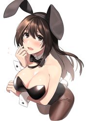 Rule 34 | 1girl, absurdres, animal ears, bad id, bad pixiv id, bare shoulders, black bow, black bowtie, black leotard, bow, bowtie, breasts, brown eyes, brown hair, brown pantyhose, cleavage, comeo (komeo15), commentary request, cropped legs, detached collar, fake animal ears, fake tail, hand up, highres, large breasts, leotard, long hair, looking at viewer, open mouth, original, pantyhose, playboy bunny, rabbit ears, rabbit tail, simple background, solo, tail, tears, white background, wrist cuffs
