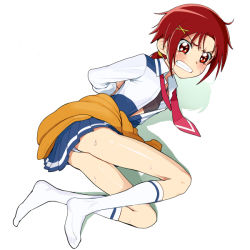 Rule 34 | 10s, 1girl, angry, arms behind back, bdsm, blush, bondage, bound, bound wrists, bra, cardigan, clenched teeth, clothes around waist, hair ornament, hairpin, hino akane (smile precure!), kneehighs, legs, legs folded, looking at viewer, lying, md5 mismatch, moudoku (decopon3rd), necktie, on side, open clothes, open shirt, panties, pantyshot, precure, red eyes, red hair, school uniform, scowl, shirt, short hair, simple background, sleeves rolled up, smile precure!, snarl, socks, solo, sports bra, sweat, sweater, sweater around waist, teeth, underwear, undone necktie, white background, white panties