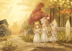 Rule 34 | + +, 3girls, :d, absurdres, aged down, bare arms, bare shoulders, blonde hair, braid, child, closed mouth, day, demon horns, dress, fence, forest, hat, highres, holding hands, horns, house, iga (okame nin), jewelry, long hair, low twintails, multiple girls, nature, necklace, okame nin, open mouth, original, outdoors, pointy ears, ponytail, purple eyes, red eyes, sandals, shoes, sky, smile, spiked horns, sun hat, sundress, tree, twin braids, twintails, urushia (okame nin), walking, white dress, white footwear, white headwear, wooden fence, yellow sky