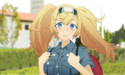 Rule 34 | absurdres, anotsugini kuruji, blonde hair, blue eyes, blue shirt, blurry, blurry background, breast pocket, building, buttons, closed mouth, collared shirt, commentary, enemy lifebuoy (kancolle), gambier bay (kancolle), hair between eyes, hairband, highres, kantai collection, looking at viewer, multicolored clothes, multicolored hairband, pocket, shirt, short sleeves, solo, tree, twintails