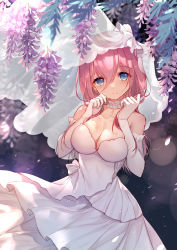 Rule 34 | 1girl, bare shoulders, bison cangshu, blue eyes, blush, breasts, bridal veil, choker, cleavage, closed mouth, collarbone, commentary request, cowboy shot, dress, earrings, elbow gloves, flower, gloves, go-toubun no hanayome, hair between eyes, hands on own chest, highres, jewelry, large breasts, layered dress, lens flare, long hair, looking at viewer, nakano miku, petals, pink hair, see-through, smile, solo, strapless, strapless dress, veil, wedding dress, white choker, white gloves, wisteria