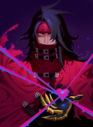 Rule 34 | 1boy, absurdres, black hair, cape, clawed gauntlets, cloak, covered mouth, final fantasy, final fantasy vii, headband, heart, highres, long hair, looking at viewer, male focus, messy hair, plant, red cape, red eyes, red headband, solo, sparkle, square enix, torn clothes, vincent valentine, vines, zelus