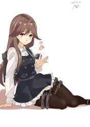 Rule 34 | 10s, 1girl, arashio (kancolle), brown eyes, brown hair, dated, dress, heart, kantai collection, long hair, looking at viewer, pantyhose, pinafore dress, remodel (kantai collection), school uniform, searchlight, shibaame, signature, sitting, sleeveless dress, smile