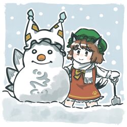 Rule 34 | 1girl, animal ears, blush, bow, bowtie, brown eyes, brown hair, cat ears, cat tail, character snowman, chen, commentary request, dress, green hat, hat, highres, holding, holding shovel, legs apart, mob cap, multiple tails, nekomata, no nose, outline, red dress, scarf, short hair, shovel, smile, snow, solo, standing, tail, takegusa, touhou, two tails, white outline, white scarf, yakumo ran, yellow bow, yellow bowtie