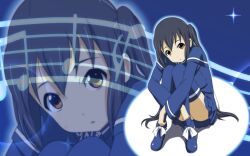Rule 34 | 1girl, black hair, blue thighhighs, brown eyes, convenient censoring, dot nose, k-on!, long hair, looking at viewer, musical note, nakano azusa, oku no shi, open mouth, shoes, sitting, solo, thighhighs