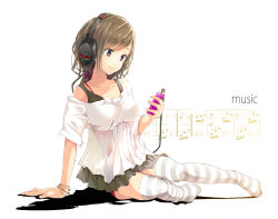 Rule 34 | 1girl, arm support, bad id, bad pixiv id, bracelet, brown eyes, brown hair, digital media player, headphones, ipod, jewelry, long hair, musical note, no shoes, off shoulder, original, panties, pantyshot, ponytail, quaver, quaver rest, red panties, shadow, simple background, sitting, skirt, smile, solo, striped clothes, striped thighhighs, text focus, thighhighs, underwear, upskirt, white background, yae (mono110)