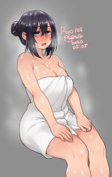Rule 34 | 1girl, 2020, agawa ryou, artist name, bare shoulders, blush, breasts, commentary, dated, grey background, hot, large breasts, original, purple eyes, signature, simple background, solo, steam, sweat, thick thighs, thighs, towel, wavy mouth, wide hips