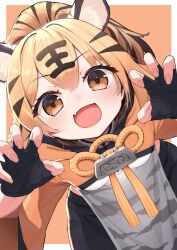 Rule 34 | 1girl, :d, animal ears, azur lane, black gloves, blush, border, brown eyes, chinese clothes, commentary request, dutch angle, fang, fingerless gloves, fingernails, gao, gloves, hair between eyes, hands up, highres, hu pen (azur lane), looking at viewer, multicolored hair, neck tassel, open mouth, orange background, orange hair, outside border, outstretched hand, short sleeves, skin fang, smile, solo, streaked hair, tiger ears, tiger girl, upper body, white border, yohia
