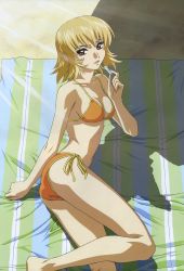 Rule 34 | 00s, absurdres, ass, beach towel, blonde hair, breasts, brown eyes, cagalli yula athha, cosmetics, gundam, gundam seed, gundam seed destiny, highres, lipstick, lipstick tube, looking at viewer, makeup, medium breasts, official art, poster, seductive smile, smile, towel