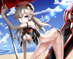 Rule 34 | 10s, 1girl, absurdres, alisa ilinichina amiella, ass, beach, bent over, bikini, bikini bottom only, breasts, butt crack, cleavage, cleavage cutout, clothing cutout, crop top, female focus, god eater, highres, large breasts, long hair, nez-box, ocean, open clothes, pole, purple eyes, side-tie bottom, silver hair, solo, sunlight, swimsuit, underboob, water, wet