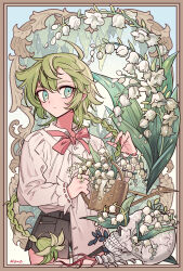 Rule 34 | 1other, absurdres, ahoge, black shorts, blue eyes, border, brown border, closed mouth, collared shirt, cowboy shot, flower, green hair, hair between eyes, highres, holding, holding watering can, lily of the valley, long hair, long sleeves, looking at viewer, meremero, neck ribbon, original, ornate border, other focus, pink ribbon, ribbon, shirt, shorts, skull, solo, standing, watering can, white flower, white shirt, yui (meremero)
