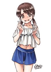 Rule 34 | 1girl, @ @, arimura yuu, blue shorts, brown eyes, brown hair, collarbone, cowboy shot, dated, double finger heart, embarrassed, finger heart, frilled shirt, frills, highres, kantai collection, low twintails, medium hair, navel, shirayuki (kancolle), shirt, shorts, signature, simple background, solo, twintails, white background, white shirt