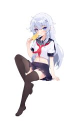 Rule 34 | 1girl, absurdres, arm support, bare legs, barefoot, black thighhighs, blue eyes, blue skirt, closed mouth, cropped shirt, eyelashes, feet, food, full body, grey hair, hair ornament, hand up, hibiki (kancolle), highres, holding, invisible chair, kantai collection, knee up, legs, long hair, looking at viewer, midriff, miniskirt, nail polish, navel, neckerchief, pink nails, pleated skirt, popsicle, red neckerchief, school uniform, serafuku, shadow, short sleeves, sidelocks, simple background, sitting, skirt, solo, thighhighs, toenail polish, toenails, toes, white background, xiaoyu chiaki