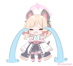 Rule 34 | 1girl, animal ear headphones, animal ears, aqua necktie, black skirt, black thighhighs, blonde hair, blue archive, blush, bow, cat tail, closed eyes, collared shirt, crying, fake animal ears, full body, hair bow, halo, headphones, jacket, momoi (blue archive), necktie, open mouth, pink halo, pleated skirt, red bow, ruten (onakasukusuku), shirt, short hair, simple background, skirt, sleeves past fingers, sleeves past wrists, solo, tail, thighhighs, twitter username, white background, white jacket, white shirt