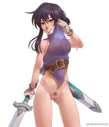 Rule 34 | 1girl, :d, absurdres, belt, black hair, blush, breasts, cleavage, cleft of venus, clothes lift, commission, commissioner upload, covered erect nipples, female pubic hair, fire emblem, fire emblem: genealogy of the holy war, fire emblem heroes, gloves, gluteal fold, greencash, highres, larcei (fire emblem), large breasts, lifted by self, looking at viewer, nintendo, no bra, no panties, nsfwgreen, open mouth, pubic hair, pussy, sheath, short hair, skirt, skirt lift, smile, solo, sweat, sword, transparent, tunic lift, weapon, white background