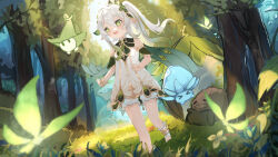Rule 34 | 1girl, arm up, bloomers, blush, clenched hands, closed eyes, commentary, detached sleeves, dress, elxion, english commentary, forest, full body, genshin impact, green eyes, green hair, green sleeves, grey hair, hair between eyes, highres, mixed-language commentary, nahida (genshin impact), nature, open mouth, pointy ears, side ponytail, simple background, sleeveless, sleeveless dress, smile, solo, standing, sunlight, tree, underwear, white bloomers, white dress