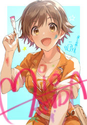 Rule 34 | 1girl, blush, breasts, brown eyes, brown hair, brush, chibi, chibi inset, cleavage, hand up, honda mio, idolmaster, large breasts, medium breasts, open mouth, paint, short hair, smile, solo