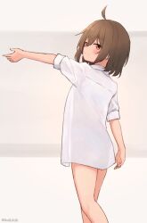 Rule 34 | 1girl, ahoge, arm up, artist name, blush, bob cut, brown hair, centi mnkt, cowboy shot, highres, looking at viewer, looking back, original, oversized clothes, red eyes, shirt, short hair, sidelocks, smile, solo, twitter username, white shirt