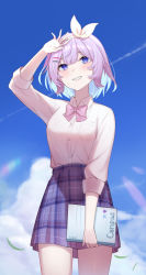 Rule 34 | 1girl, aotake iro, arm up, blue eyes, blue skirt, blue sky, blush, bow, breasts, cloud, collared shirt, commentary request, contrail, day, diagonal-striped bow, dress shirt, eyebrows hidden by hair, hair between eyes, hair ribbon, hairband, highres, holding, medium breasts, nijisanji, nijisanji kr, nun bora, nun bora (2nd costume), outdoors, pink bow, plaid, plaid skirt, purple hair, ribbon, shirt, skirt, sky, smile, solo, standing, striped, sweat, virtual youtuber, white hairband, white ribbon, white shirt