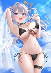 Rule 34 | 1girl, :d, alternate breast size, amane kanata, angel wings, arm up, armpits, bikini, black bikini, black choker, blue eyes, blue hair, blue nails, blue sky, blush, breasts, choker, cloud, colored inner hair, day, grey hair, hair bun, hair ornament, highres, holding shawl, hololive, jewelry, keikei (kitty colors), large breasts, lens flare, long hair, multicolored hair, navel, necklace, open mouth, outdoors, pulled by self, shawl, side-tie bikini bottom, sky, smile, solo, star (symbol), star hair ornament, stomach, strap pull, sunlight, swimsuit, thigh strap, thighs, virtual youtuber, wings