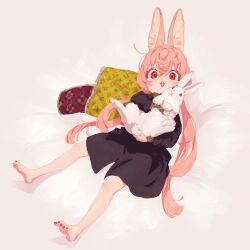 Rule 34 | 1girl, :3, animal, animal ears, animal hug, barefoot, bed sheet, black dress, crossed bangs, dress, frilled pillow, frills, full body, hair between eyes, highres, long hair, long sleeves, looking at viewer, low twintails, open mouth, original, ozyako, pillow, pink eyes, pink hair, rabbit, rabbit ears, red eyes, solo, twintails, white background