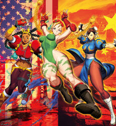 Rule 34 | 3girls, american flag, blonde hair, bodypaint, bracelet, braid, breasts, bun cover, cammy white, capcom, china dress, chinese clothes, chun-li, dark skin, double bun, dress, earbuds, earphones, facial scar, genzoman, great wall of china, green leotard, hair bun, highres, jewelry, kimberly jackson, large breasts, leotard, listening to music, medium breasts, midriff, multiple girls, navel, open mouth, pantyhose, people&#039;s republic of china flag, quad braids, scar, scar on cheek, scar on face, spiked bracelet, spikes, street fighter, twin braids