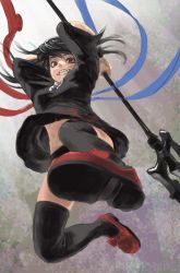Rule 34 | 1girl, arms up, asymmetrical wings, black dress, black hair, black thighhighs, clenched teeth, dress, envenomist (gengoroumaru), fangs, foreshortening, from below, highres, holding, holding weapon, houjuu nue, incoming attack, looking at viewer, looking down, polearm, red eyes, red footwear, shoes, short dress, short sleeves, snake, solo, teeth, thighhighs, touhou, trident, weapon, wind, wind lift, wings