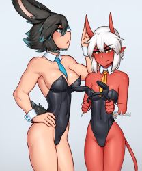 Rule 34 | 2girls, absurdres, angry, animal ears, artist name, bare shoulders, black leotard, blue eyes, blush, breasts, closed mouth, collarbone, colored skin, commentary, covered navel, cowboy shot, demon girl, demon horns, demon tail, detached collar, fake animal ears, frown, gradient hair, grey hair, hair between eyes, hand on own hip, hand up, highleg, highleg leotard, highres, horns, large breasts, leotard, li (rob ishi), multicolored hair, multiple girls, necktie, original, playboy bunny, pointy ears, rabbit ears, rabbit girl, rabbit tail, red skin, rob ishi, short hair, small breasts, strapless, strapless leotard, sweatdrop, tail, thighhighs, tracie (rob ishi), white hair, wrist cuffs