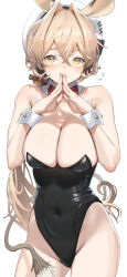 Rule 34 | 1girl, animal ears, arknights, bare shoulders, black leotard, blonde hair, blush, breasts, breasts squeezed together, cleavage, commentary request, covered navel, cowboy shot, dorothy (arknights), flying sweatdrops, hair between eyes, hair intakes, highleg, highleg leotard, highres, large breasts, leotard, long hair, looking at viewer, low ponytail, mouse ears, mouse girl, mouse tail, open mouth, playboy bunny, satsuki neko, simple background, skindentation, solo, steepled fingers, strapless, strapless leotard, tail, wavy hair, white background, white headwear, white wrist cuffs, wrist cuffs, yellow eyes