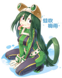 Rule 34 | 10s, 1girl, :&gt;, asui tsuyu, belt, between legs, blush, bodysuit, boku no hero academia, boots, breasts, character name, diving suit, flippers, frog girl, from above, full body, gloves, goggles, goggles on head, green hair, hair between eyes, hair rings, hand between legs, long hair, long sleeves, long tongue, looking to the side, low-tied long hair, medium breasts, mimi (mimi puru), monster girl, solo, split-toe footwear, squatting, thigh boots, thighhighs, tongue, tongue out, unitard, very long hair, wetsuit, white background, white gloves