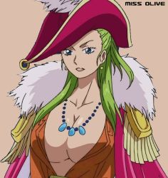 Rule 34 | 1girl, blue eyes, breasts, cape, cleavage, female focus, green hair, huge breasts, impel down, jewelry, long hair, necklace, no bra, olive (one piece), one piece, screencap, solo, third-party edit