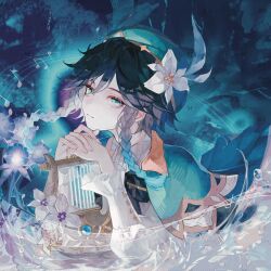 Rule 34 | 1boy, androgynous, aqua background, aqua eyes, aqua hair, black hair, blue flower, capelet, closed mouth, flower, genshin impact, green capelet, green headwear, hair flower, hair ornament, highres, holding, holding instrument, instrument, long sleeves, looking at viewer, lyre, male focus, musical note, shirt, solo, venti (genshin impact), white flower, white shirt, yxablugg7yqtw1y