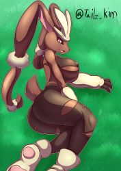 Rule 34 | 1girl, absurdres, animal ears, artist name, ass, bad id, bare shoulders, black pantyhose, breasts, covered erect nipples, creatures (company), fang, female focus, furry, furry female, game freak, gen 4 pokemon, grass, green background, highres, large breasts, looking at viewer, lopunny, lying, mega lopunny, mega pokemon, nintendo, no humans, open mouth, pantyhose, pink eyes, pokemon, pokemon (creature), pokemon dppt, rabbit ears, rabbit tail, simple background, smile, solo, tail, tailzkim, text focus, torn clothes, torn pantyhose, twitter username, underboob