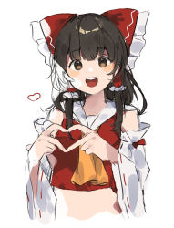 Rule 34 | 1girl, :d, ascot, bare shoulders, blush stickers, bow, brown eyes, brown hair, commentary request, cropped torso, detached sleeves, finger heart, frilled bow, frilled hair tubes, frills, hair bow, hair tubes, hakurei reimu, heart, heart hands, higa (gominami), highres, long hair, long sleeves, looking at viewer, midriff, open mouth, red bow, red vest, round teeth, sidelocks, simple background, smile, solo, teeth, touhou, upper teeth only, vest, white background, wide sleeves, yellow ascot