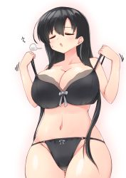 Rule 34 | 1girl, bad id, bad nijie id, black bra, black hair, blush, bow, bow bra, bow panties, bra, bra pull, breasts, cleavage, closed eyes, clothes pull, cowboy shot, facing viewer, gluteal fold, highres, huge breasts, iwato kasumi, long hair, navel, open mouth, panties, saki (manga), sigh, simple background, solo, standing, strap pull, string panties, sweatdrop, thigh gap, underwear, undressing, white background, yoi naosuke