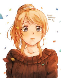 Rule 34 | 10s, 1girl, awa (gj world2), ayase eli, bad id, bad pixiv id, blonde hair, blue eyes, blush, confetti, happy birthday, long hair, long sleeves, love live!, love live! school idol project, open mouth, ponytail, simple background, solo, sweater, upper body, white background