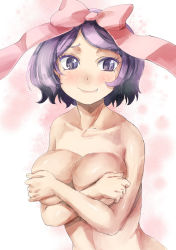 Rule 34 | 1girl, blush, breasts, covering privates, covering breasts, crossed arms, fang, fang out, female focus, hair ribbon, kototora, large breasts, looking at viewer, original, purple eyes, purple hair, ribbon, short hair, smile, solo, topless, yohane