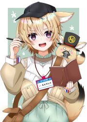 Rule 34 | 1girl, animal ear fluff, animal ears, bag, baseball cap, black hair, black hat, blonde hair, blouse, blue hair, blush, book, border, breasts, brown bag, brown jacket, commentary request, cowboy shot, fox ears, fox girl, fox tail, green background, green skirt, hat, highres, holding, holding book, holding pen, hololive, jacket, kanzakiira0430, long sleeves, making-of available, medium breasts, multicolored hair, official alternate costume, official alternate hair length, official alternate hairstyle, omaru polka, omaru polka (street casual), open book, open mouth, outside border, pen, reporter, see-through clothes, see-through sleeves, shirt, short hair, shoulder bag, sidelocks, simple background, skirt, smile, standing, star-shaped pupils, star (symbol), straight-on, streaked hair, symbol-shaped pupils, tail, virtual youtuber, white border, white shirt, zain (omaru polka)