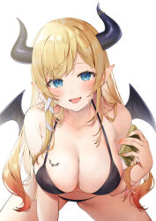 Rule 34 | 1girl, :d, absurdres, bikini, black bikini, black horns, blonde hair, blue eyes, blush, breast tattoo, breasts, cleavage, collarbone, demon girl, demon horns, demon wings, hair ribbon, highres, holding, hololive, horn ornament, horn ring, horns, izumi kei, large breasts, long hair, looking at viewer, nail polish, navel, open mouth, pointy ears, revision, ribbon, single sidelock, smile, solo, swept bangs, swimsuit, tattoo, virtual youtuber, wet, white background, wings, yuzuki choco