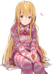 Rule 34 | 1girl, blonde hair, blush stickers, brown eyes, closed mouth, commentary request, drawstring, feet out of frame, hair between eyes, headphones, heart, highres, hood, hood down, hooded jacket, ienaga mugi, jacket, lamb (hitsujiniku), long hair, long sleeves, looking at viewer, nijisanji, own hands together, pants, shadow, sitting, solo, striped clothes, striped jacket, striped pants, very long hair, virtual youtuber, white background