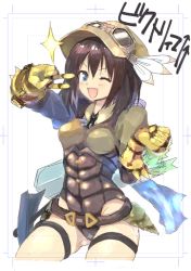 Rule 34 | 1girl, ;d, bad id, bad pixiv id, belt, blue eyes, blush, brown hair, brown hat, clenched hand, cowboy shot, fang, feena (shingeki no bahamut), gloves, gluteal fold, goggles, goggles on headwear, granblue fantasy, hand up, hat, hat feather, looking at viewer, one eye closed, open mouth, quiver, shibatenko, short hair, smile, solo, sparkle, thigh strap, v, v-shaped eyebrows, yellow gloves