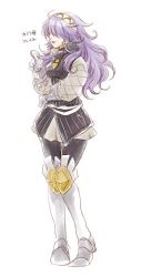 Rule 34 | 1girl, armor, armored dress, boots, curly hair, fire emblem, fire emblem fates, full body, headdress, insarability, lips, long hair, nintendo, playing with hair, purple hair, simple background, skirt, smile, soleil (fire emblem), solo, standing, white background