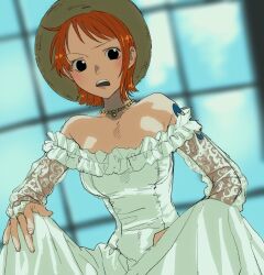 Rule 34 | 1girl, bare shoulders, black eyes, blurry, blurry background, blush, breasts, bridal gauntlets, dress, frilled dress, frills, gold necklace, hand on own knee, hand on own thigh, hat, highres, jewelry, long hair, looking at viewer, medium breasts, nami (one piece), necklace, off-shoulder dress, off shoulder, one piece, one piece: clockwork island adventure, open mouth, orange hair, see-through, see-through sleeves, short hair, shoulder tattoo, single sidelock, sitting, solo, straw hat, swept bangs, tattoo, teeth, upper teeth only, urasanmyaku, wedding dress, white dress
