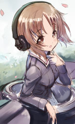 Rule 34 | 10s, 1girl, bad id, bad pixiv id, brown hair, ear protection, girls und panzer, gradient background, hamoto, highres, looking at viewer, nishizumi miho, petals, school uniform, short hair, sketch, solo, throat microphone