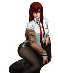 1girl arm_strap belt black_pantyhose black_shorts breast_pocket breasts brown_belt brown_coat chair coat collared_shirt commentary dress_shirt elbow_rest eyelashes feet_out_of_frame hair_between_eyes hair_over_shoulder highres large_breasts light_smile lips long_bangs long_hair looking_at_viewer loose_necktie makise_kurisu necktie nose off_shoulder on_chair outline pantyhose pantyhose_under_shorts pink_lips pocket purple_eyes purple_trim red_hair red_necktie romaji_commentary shiny_clothes shirt short_shorts shorts sidelocks simple_background sitting smile solo steins;gate very_long_hair white_background white_shirt yokozuwari zienu